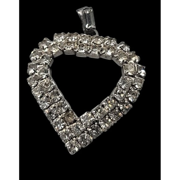 Rhinestone-Studded Open Heart Pendant Silver Tone Pot Metal Vintage - Picture 7 of 11